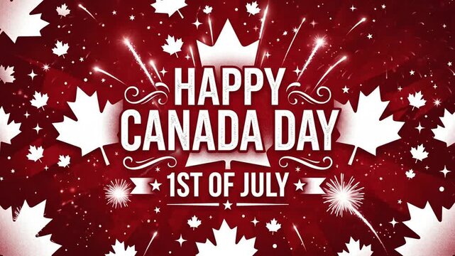 Happy Canada Day Fireworks Celebration with Maple Leaves and Red Background - 1st of July Animated Background