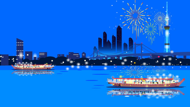花火が打ち上がる都会の夜景と川に浮かぶ屋形船のベクターイラスト