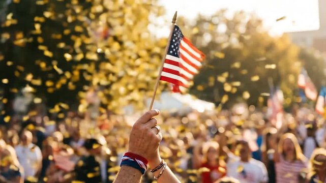 Patriotic Celebration with American Flag and Confetti Showering a Cheerful Crowd