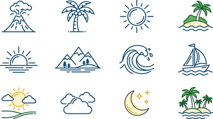 Set of travel and nature themed doodle icons. © Wahid