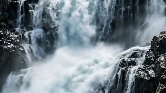 Powerful cascading waterfall with turbulent whitewater flowing over dark, jagged rocks in a natural, wild environment.