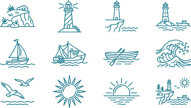 Set of hand drawn nautical maritime and lighthouse icons.