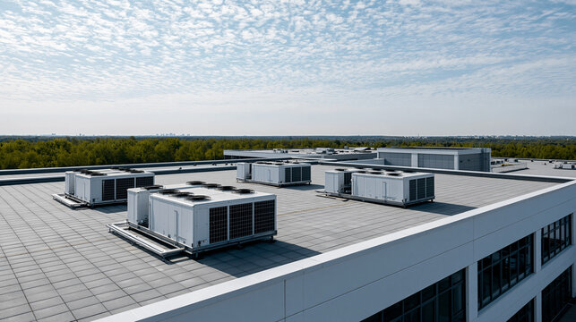 Aerial view of multiple HVAC condensing units on a commercial flat roof, large building climate management concept, with copy space
