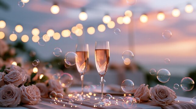 romantic sunset table setting with champagne flutes and glowing lights