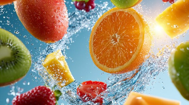 floating tropical fruits with water splashes for refreshing juice campaign