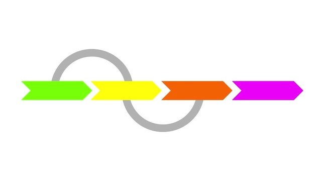 Colorful chevron arrows and a weaving wavy line revealing a four-step process on a white background. Great for business timeline infographics.