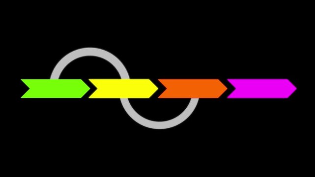 Colorful chevron arrows and a weaving wavy line revealing a four-step process on a black background. Great for business timeline infographics.