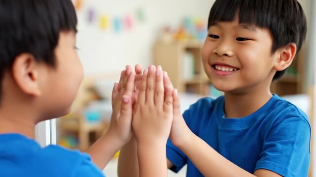 Asian boy in blue shirt interacts with his reflection in a mirror. He makes heart shapes and smiles happily. Concept of self discovery and childhood joy. Useful for family and parenting content.