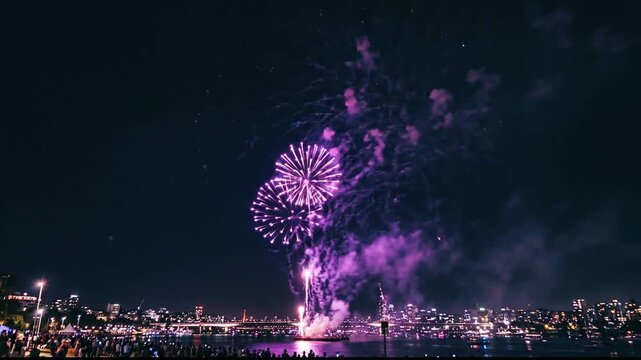 Spectacular Purple Fireworks Exploding Over a City Skyline at Night