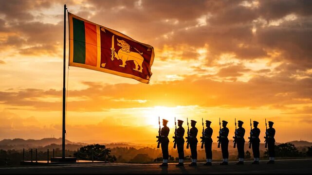 Sri Lankan Flag Waving at Sunrise with Soldiers Standing Guard at Attention - Patriotic Scene