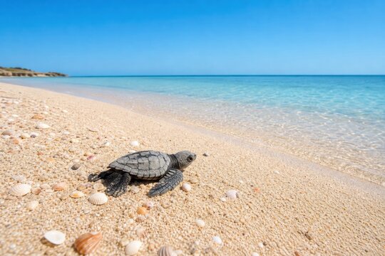 Tiny baby sea turtle hatchling crawling towards the clear turquoise ocean water on a sunny sandy beach covered in small seashells, peaceful wildlife conservation concept