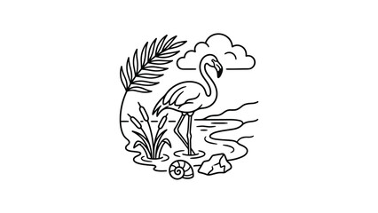 Minimalist line art illustration of a flamingo standing in a tropical coastal habitat. © Kasut