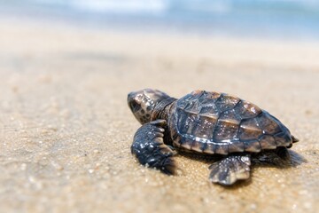 Obraz premium Tiny baby sea turtle hatchling crawling determinedly on wet sandy beach towards the ocean, close-up view of fragile newborn marine wildlife