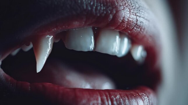Close up of a woman's mouth with sharp vampire fangs and red lipstick