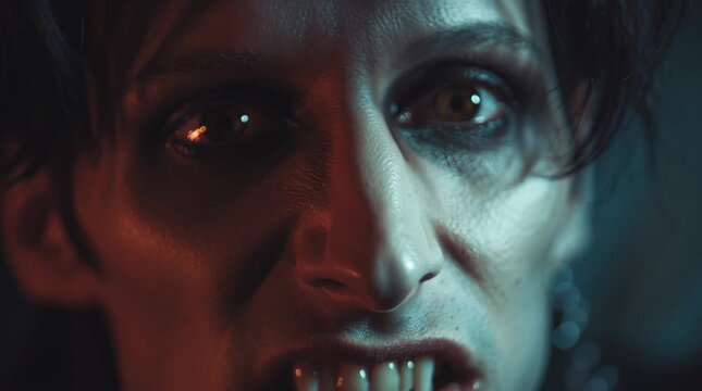 Close up of a vampire with sharp fangs and intense eyes in dramatic lighting