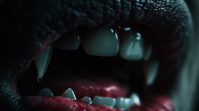 Close up of a vampire mouth with sharp fangs and bloody lips in dark lighting