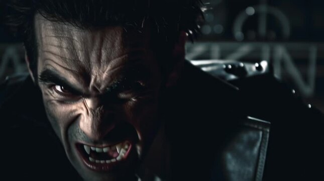Close up of a menacing vampire face with sharp fangs and glowing eyes in the dark