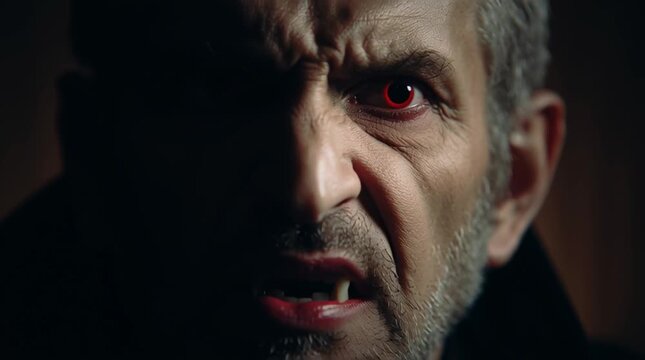 Fierce vampire with sharp fangs and glowing red eyes in dark setting
