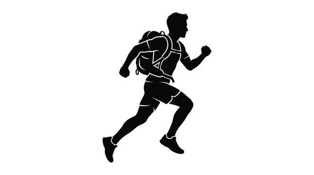 runner with backpack silhouette black white background figure motion activity travel adventure