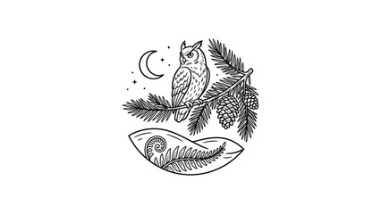 Detailed line art illustration of an owl perched on a pine branch. © Anggun