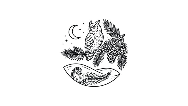 Detailed line art illustration of an owl perched on a pine branch.