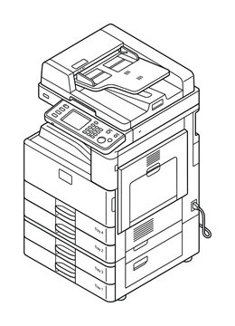 Detailed line art drawing of a large commercial office copier and scanner device.