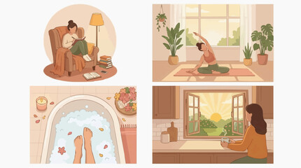 Fototapeta premium A collage of four scenes depicting self-care and relaxation, including reading by a lamp, yoga, a bubble bath, and enjoying a sunrise view with a drink