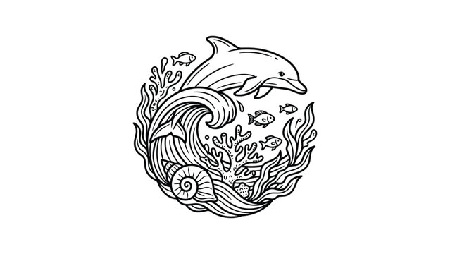 Black and white line art illustration of a dolphin with coral and seashells in a circular frame.