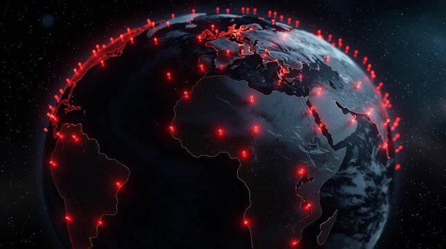 Global network connections and data points across the Earth at night with glowing red location markers