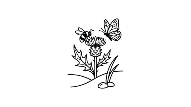 Black and white line art illustration of a bumblebee and butterfly on a thistle flower.