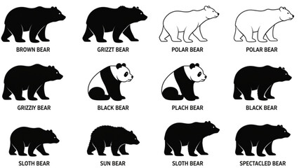 Different bear species silhouette icons set featuring brown bear grizzly polar bear giant panda sloth and sun bear wildlife © Sakhawat Hossen 