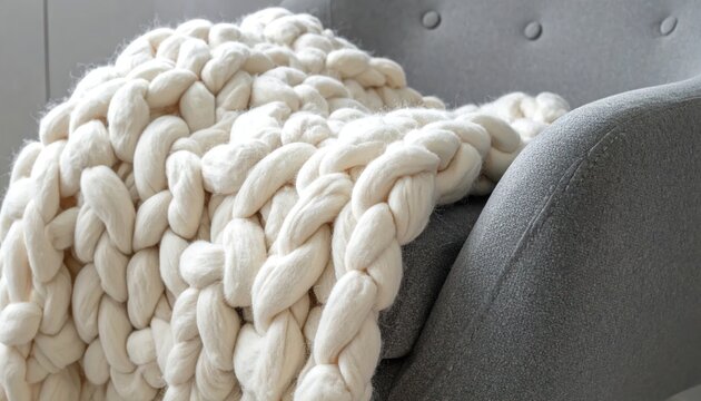 Thick, creamy white, hand-knitted blanket draped over the arm of a gray upholstered chair