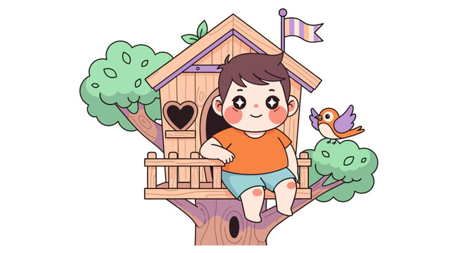Happy Child Playing in Colorful Treehouse with Bird.
