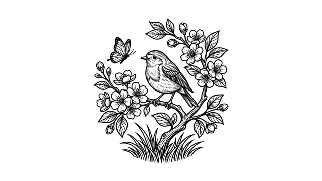 Black and white ink illustration of a small robin bird perched on a flowering branch with a butterfly.
