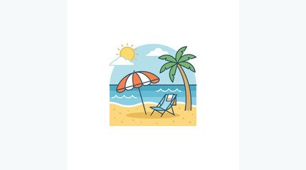Obraz premium Summer Beach Scene Illustration with Sun Umbrella and Palm Tree