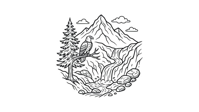 Vintage line art illustration of an eagle perched on a pine tree in a mountain landscape.