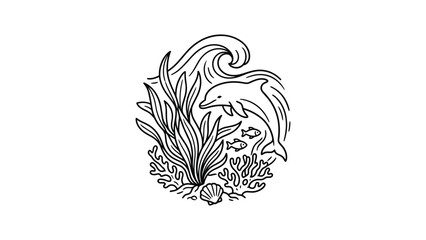 Fototapeta premium Line art illustration of a dolphin swimming among seaweed and coral reef.