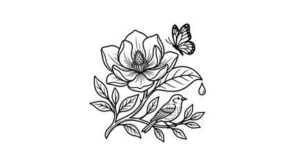 Line art illustration of a magnolia flower with a bird and butterfly. © jenci