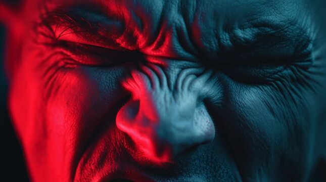 Close up of a vampire mouth with sharp fangs and red lighting