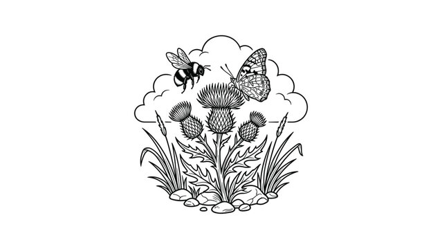 Black and white illustration of a thistle plant with a bee and a butterfly.