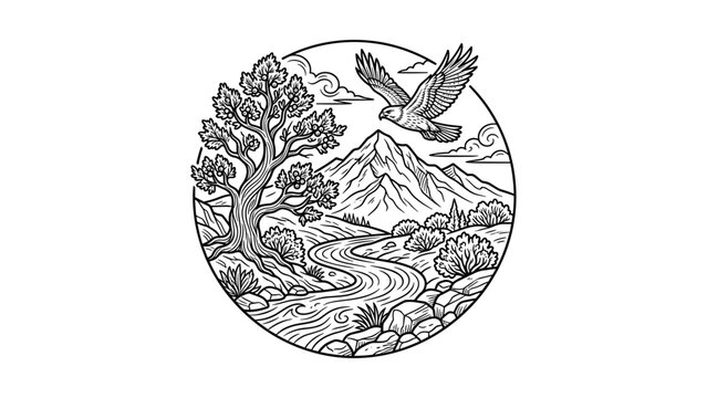 Vintage style hand drawn illustration of a majestic eagle soaring over a scenic mountain river landscape inside a circular frame.