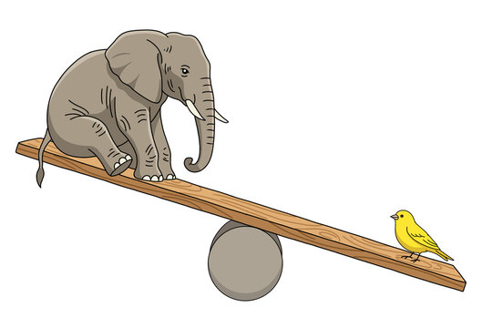 Large elephant and small yellow bird on a wooden seesaw with unexpected imbalance. Concept of paradox, power of small things, and leverage
