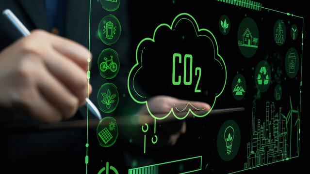 This image showcases a digital representation of carbon dioxide reduction strategies and green energy initiatives with various eco-friendly icons and a focus on sustainability and innovation. Cipher
