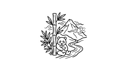 Line art illustration of a cute panda sitting by a bamboo stalk. © jojo