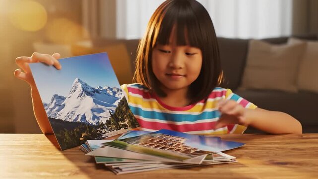 A young Asian girl sits at a wooden table looking through a stack of travel photos. She smiles while showing pictures of world landmarks. Ideal for education, travel, and lifestyle themes.