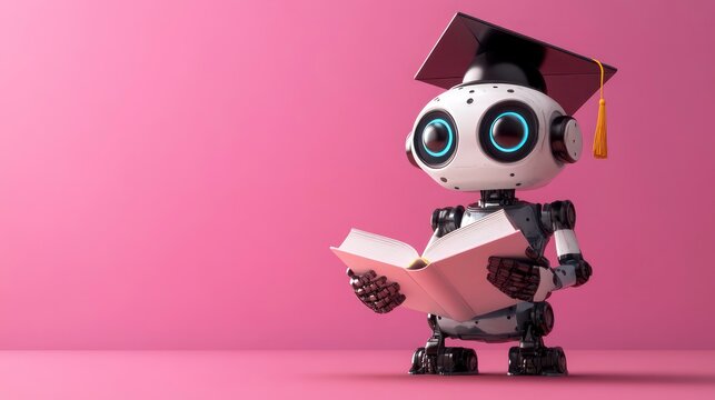 AI robot in graduation cap with book, education concept on colored background