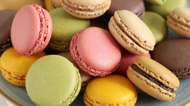 Yummy colorful macarons on table, rotating. Closeup view