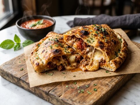 Hot, golden calzone stuffed with melted cheese and savory filling, served with marinara sauce on a rustic wooden board.