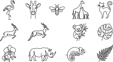 Set of hand drawn outline illustrations featuring wild animals and botanical elements. © nami8