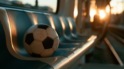 Soccer ball rests on an empty train seat. Sun flares through windows create dramatic reflections. Evokes travel themes and sports waiting